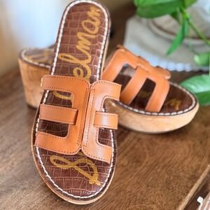 Sam Edelman H Strap Ronie FF Sandals Cork Wedge Brown Leather Slides Size 8 Boho